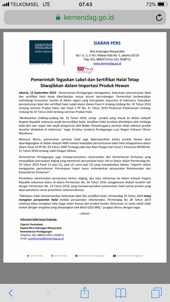 LPKSM_LKD's tweet photo. banyak sekali postingan tentang permendag no 29 th 2019 Tntng Daging Impor yg ketentuan wajib halal tdk d tuangkan dalam permendag tsb. berikut siaran pers oleh kemendag terkait hal tersebut.. https://t.co/6FcvYM1aXO