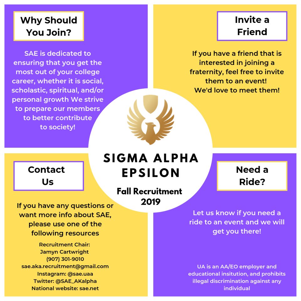 The second week of Fall Recruitment is about start! We’d like to invite you to come out and join us for our events this week! If you have any questions, feel free to DM us! #ΣΑΕ #RiseAbove #BeTrue #SAE #UAA