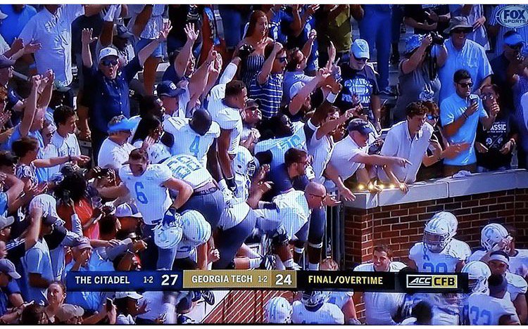 Dogs on top! Today The Citadel clenched a 27-24 win on the road against Georgia Tech in overtime. #firethosecannons #ourmightycitadel