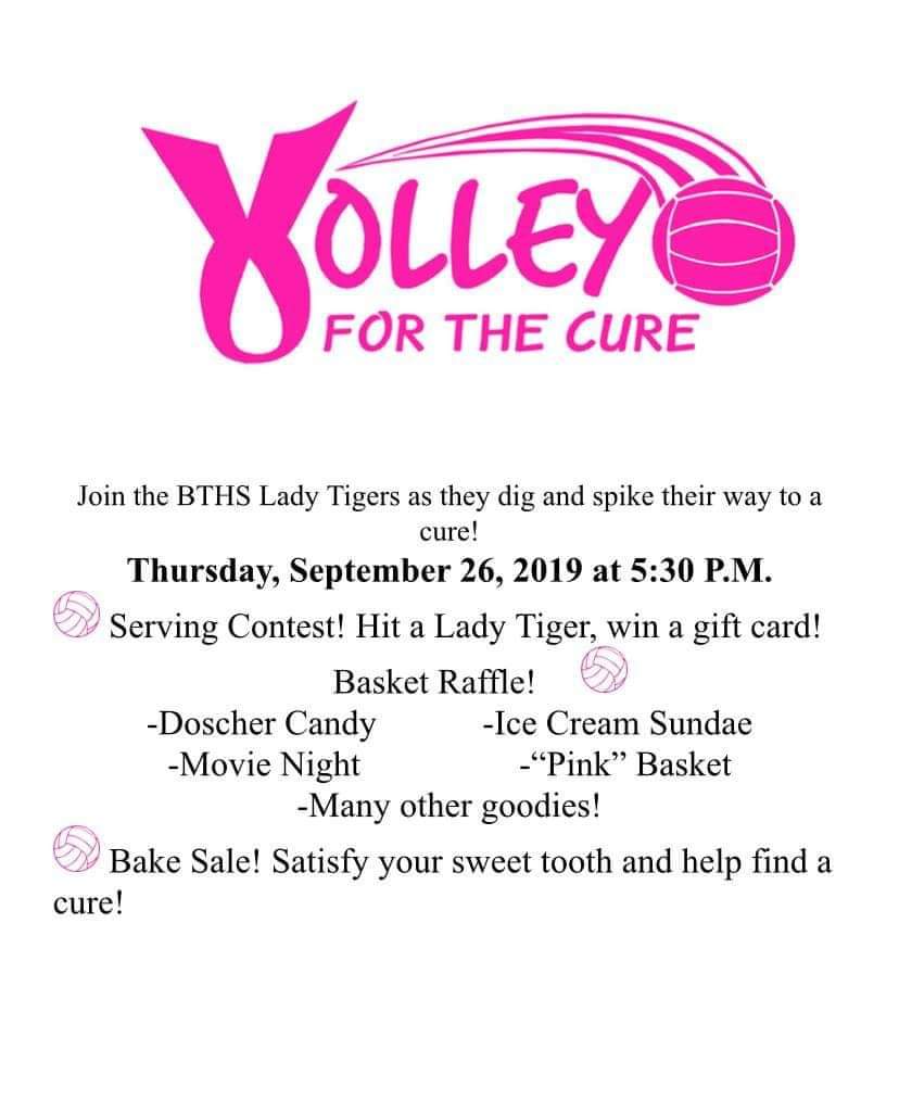 jillian677's tweet photo. Please join the Lady Tigers on the 26th for our Volley for the Cure game. Lots of raffles and a serving contest for the crowd to win gift cards. Please share @Wrastlin_Coach @BTVOLLEYBALL @BTHS_GSturgeon @bethelTsports https://t.co/vF3VpqpGf0