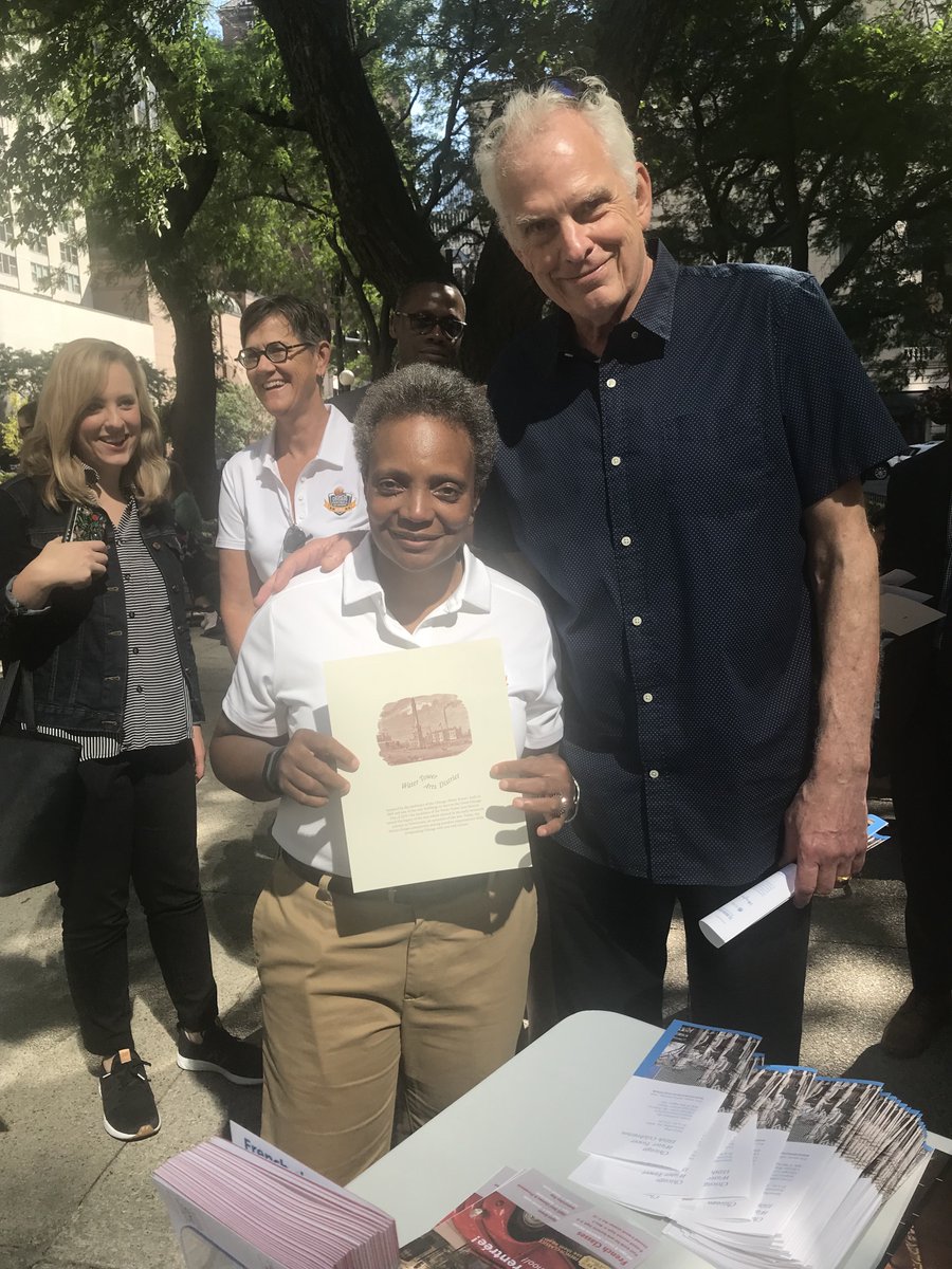mcachicago's tweet photo. Thanks to @chicagosmayor Lori Lightfoot and @ChicagoDCASE Commissioner Mark Kelly for stopping by our booth at @watertowerarts celebrating the 150th birthday of the Water Tower! https://t.co/v74cUwM1g0