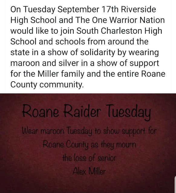 SAHS_Students's tweet photo. We please ask of the St. Albans student body to dress in maroon  and silver in show of support for the Miller family. ♥️ https://t.co/91pqYarqmc