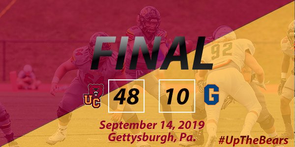 ucathletics's tweet photo. Big conference road win for football as they defeat Gettysburgh, 48-10! 

#UpTheBears | #d3fb | #CentConf https://t.co/D28VDdpgNw
