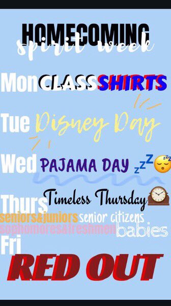 💙❤️HOCO SPIRIT WEEK❤️💙
Dress out and check in on stage at lunch all week for 5-Star Points!