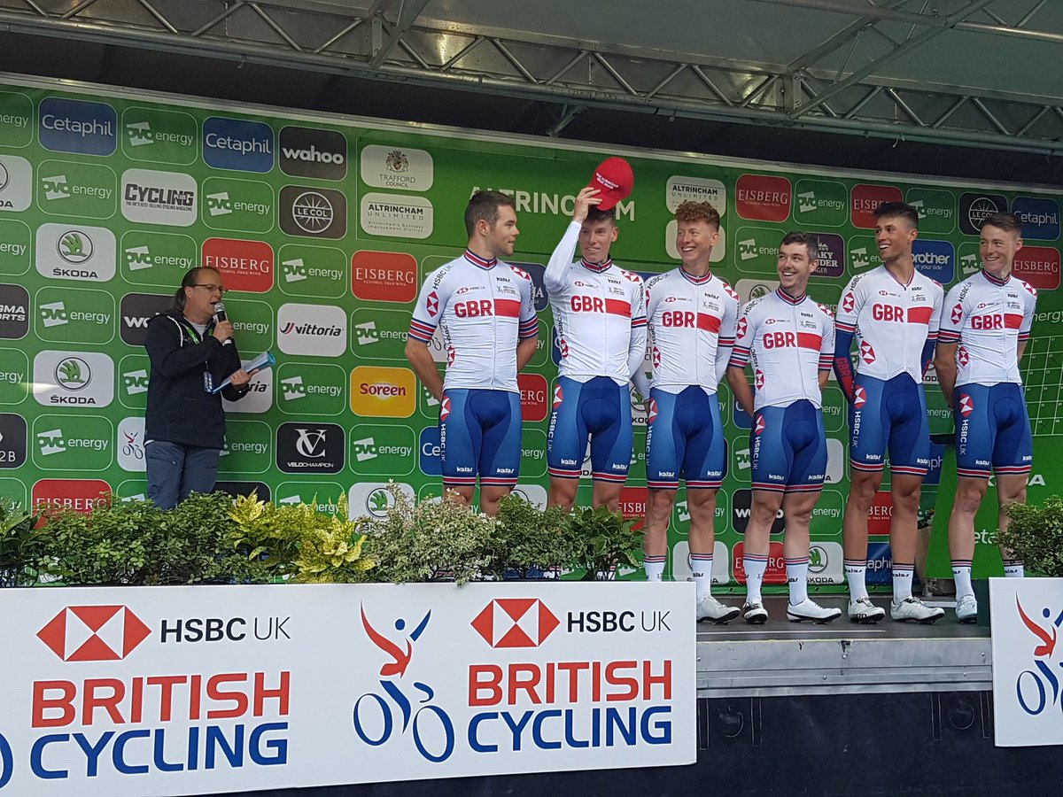 ZSachak's tweet photo. GBR team sporting the mysterious red baseball cap at start of the final stage Ovo Energy Tour of Britain in Altrincham today #Altrincham #OVOToB #Hale https://t.co/qHgrma6BRP
