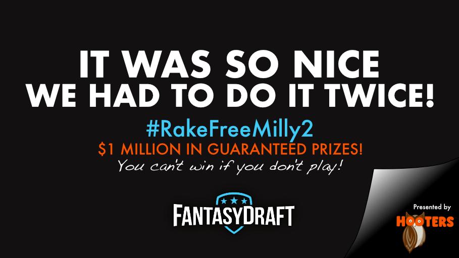 The #RakeFreeMilly2 Countdown is on!! What you need to know about our <a href="/Hooters/">Hootie</a> Million:

- $1,000,000 Guaranteed 
- 11,000/40,000 Entries
- $725,000 in Overlay

🔗 fantasydraft.com/contest/140821…!

👀 Deposit promotion coming soon!

🔁 Retweet this for a chance to win a free $25 ticket!!