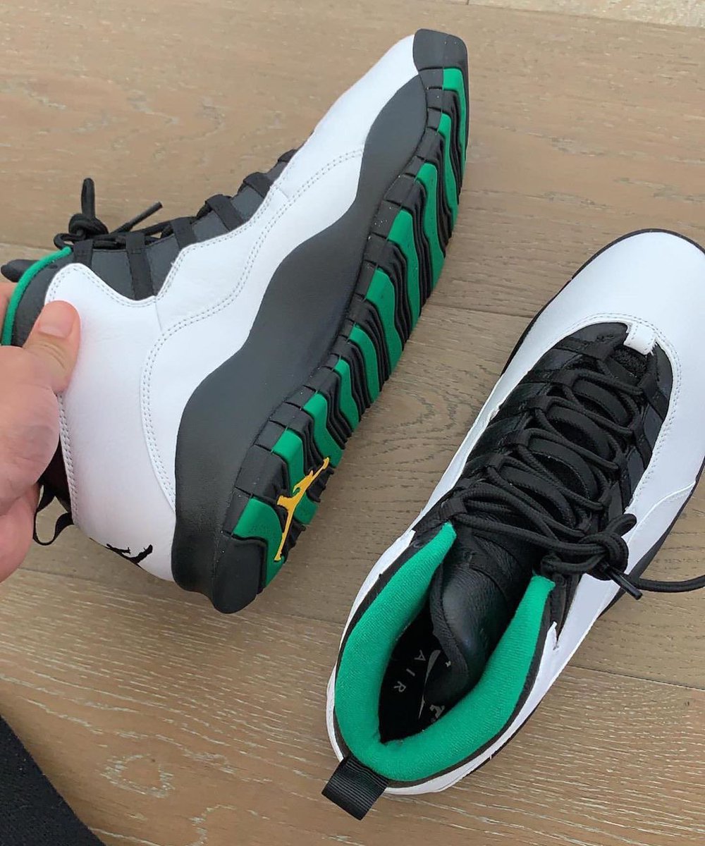 DONOnow_'s tweet photo. The “Seattle” Air Jordan 10 Retro are finally returning with a October 19 release. Who’s gonna be the first player to rock these on the court this season? #Ai2 
📸 by @tskywalk44 https://t.co/EvbZfUEthE