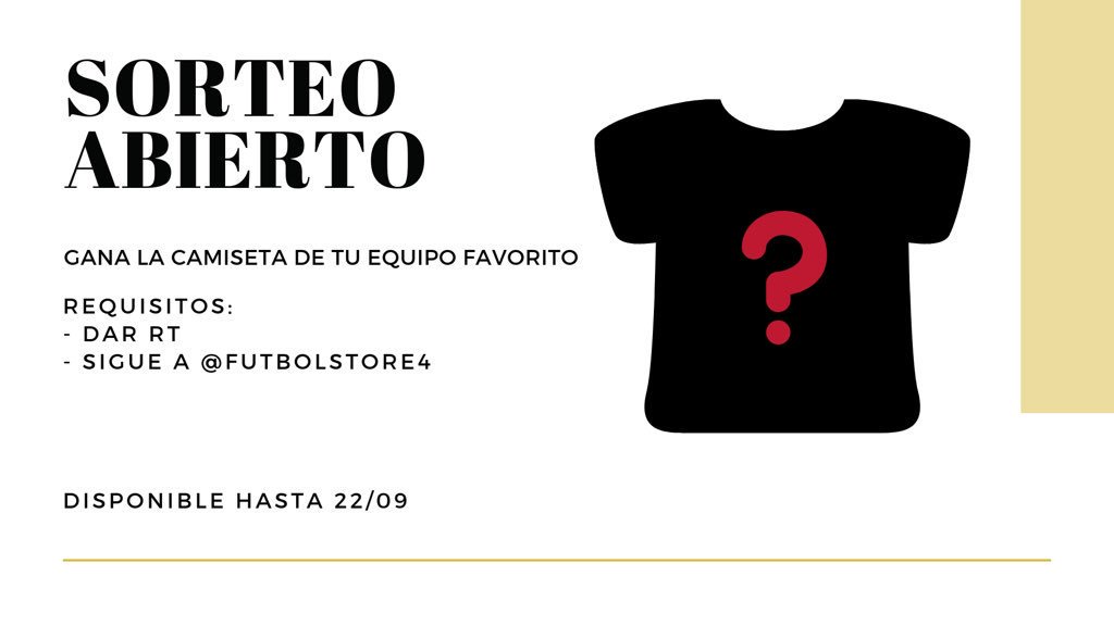 💣BOMBAZO💣

Oficializamos nuestro acuerdo de Sponsor con <a href="/FutbolStore4/">CAMISETAS DE FUTBOL</a> y para celebrarlo vamos a realizar un sorteo de una camiseta a elegir por el ganandor 👏👏😏😲

Requisitos:

1.- Hacer RT
2.- Seguir a <a href="/FutbolStore4/">CAMISETAS DE FUTBOL</a>

En 1 semana se conocerá al ganador, estad atentos!🧐