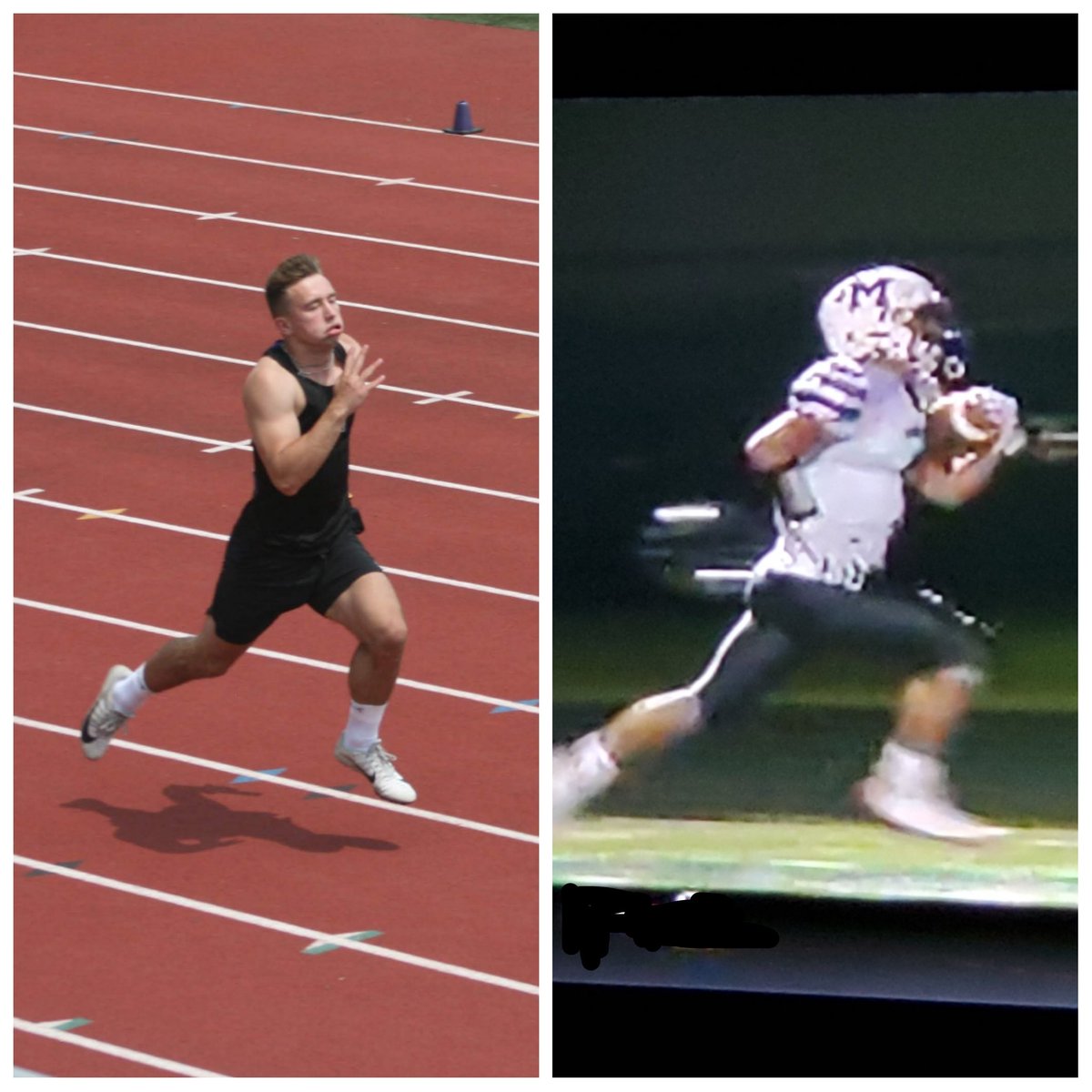 Saw the pic on the right on the news. Put it side by side with a pic from state track last year.

<a href="/MichalDul7/">Michal Dul</a> anchoring the 4x1 at state on the left... scoring a 53 yd TD on the right. You can't tell me track is not the best thing for football players.

#speedkills