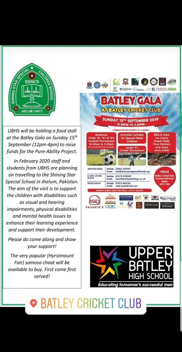 iiqrarafiq2018's tweet photo. BATLEY CRICKET CLUB GALA! Lots to see and do! Many local businesses involved. A few young lads from @UBHSCHOOL will be down to raise funds, Come along to show your support!
#sparkskills #BCC #batleygala #UBHS @BatleyCC @UBHSCHOOL @bbest_hub @sparkskillsLTD https://t.co/Y1cYIYG4U7