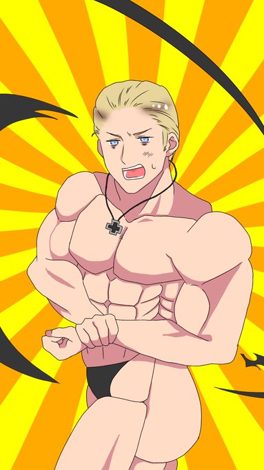 「サイドチェストォォォォ!!!!」

お願いマッスルにハマりすぎて、隊長にぴったりじゃんと思ってたら描いてた。
絵柄似せてみたけどアニメ塗り難しい…
#ヘタリア #ルートヴッヒ 