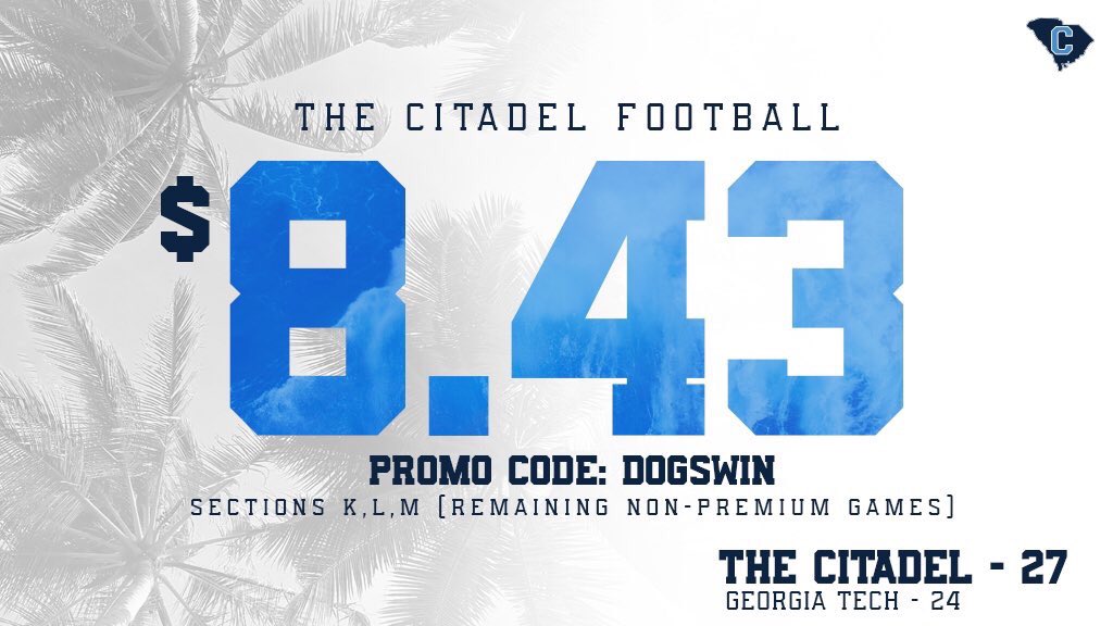CitadelFootball's tweet photo. 8️⃣4️⃣3️⃣ TOOK OVER THE 4️⃣0️⃣4️⃣
🐶 27 🐝 24
Let’s celebrate with a @CitadelFootball TICKET FLASH SALE!
https://t.co/92QfgkivQn
#FireThoseCannons | #WeBeatTech https://t.co/thafK3Msbr