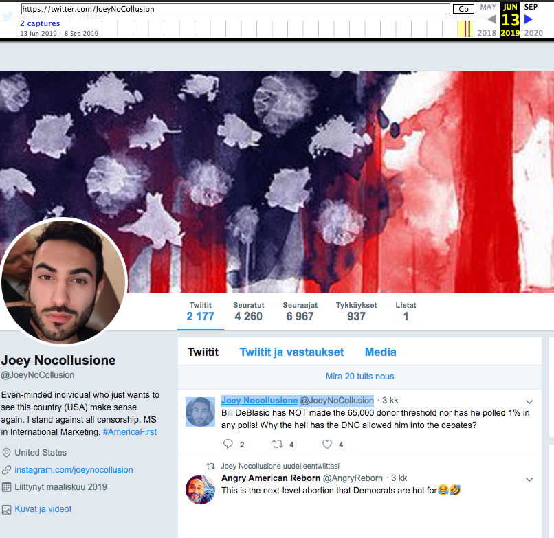 Account renames contribute to the confusion: a different account (ID 1111126172245458944) was named  @JoeyNoCollusion in June 2016. That account has been renamed to  @TommyTrumpOrban and retweets the new  @JoeyNoCollusion (ID 993818001425088512, previous name unknown) via Power10.
