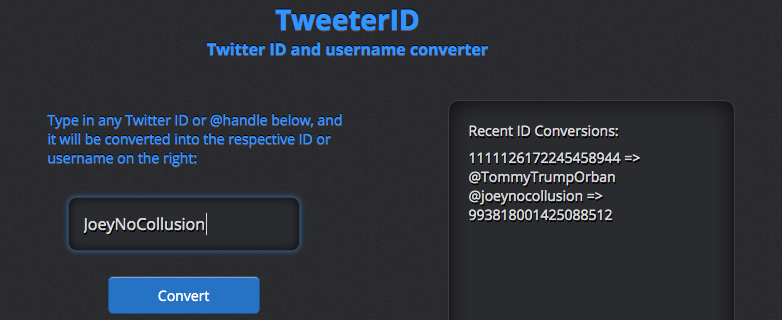 Account renames contribute to the confusion: a different account (ID 1111126172245458944) was named  @JoeyNoCollusion in June 2016. That account has been renamed to  @TommyTrumpOrban and retweets the new  @JoeyNoCollusion (ID 993818001425088512, previous name unknown) via Power10.
