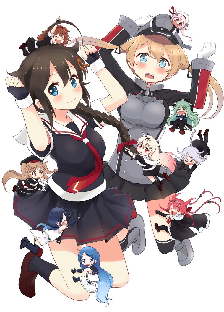 harusame (kancolle) ,kawakaze (kancolle) ,murasame (kancolle) ,murasame kai ni (kancolle) ,prinz eugen (kancolle) ,samidare (kancolle) ,shigure (kancolle) ,shiratsuyu (kancolle) ,suzukaze (kancolle) ,umikaze (kancolle) ,yamakaze (kancolle) ,yuudachi (kancolle) multiple girls long hair 6+girls braid serafuku blonde hair school uniform  illustration images