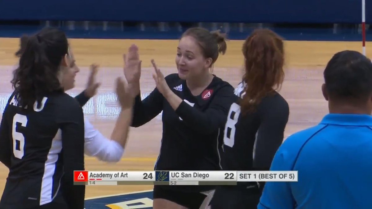 ARTU_Knights's tweet photo. VB: #ARTU TAKES THE FIRST SET 25-22! The world watches as Academy of Art finishes with three consecutive points against #D2VBShowcase host UCSD! Wheaton 4K (.667), 2BA, Pawlak 4K, Evetts 4K, Reinhold 14Ast, 4Dig #PacWestVB #ArtSchool #ESPN3 https://t.co/75cvzkGUHG