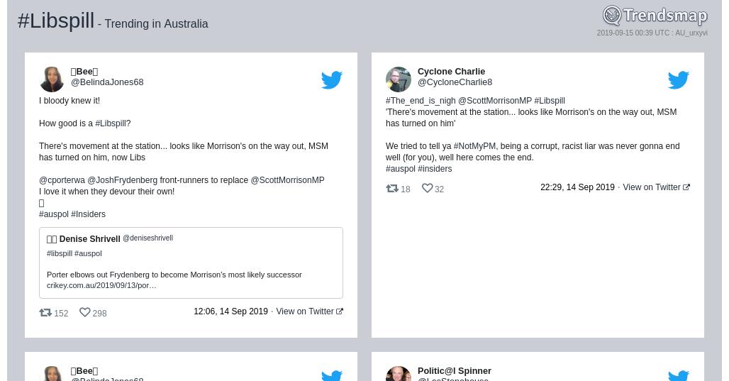 TrendsAustralia's tweet photo. #libspill is now trending in Australia
https://t.co/Js6mmsLXFr https://t.co/eWOVZSUD6q