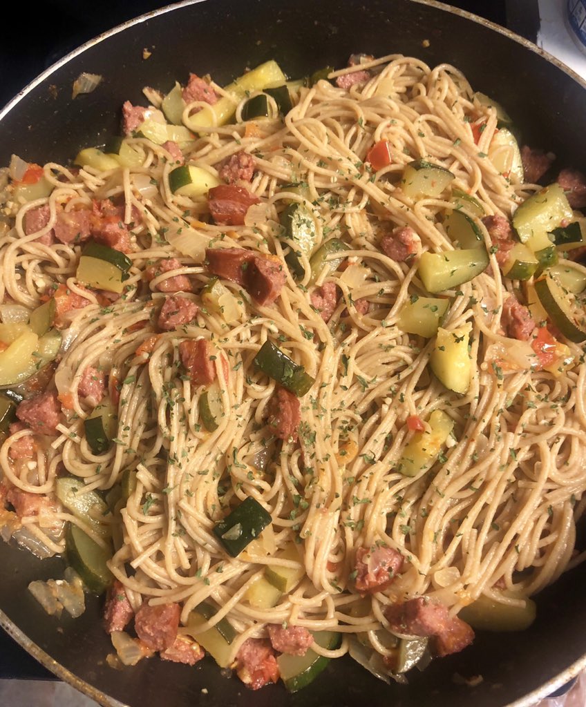 Something DIFFERENT different- Whole grain spaghetti noodles with zucchini, squash, tomato, onion, garlic, jalapeño, smoked sausage & parmesan cheese- healthy but actually came out pretty tasty 