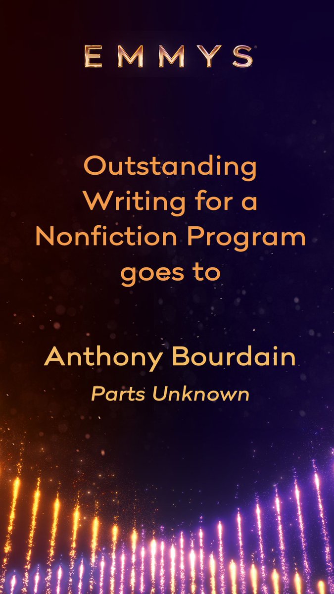 And the #Emmy for Outstanding Writing for a Nonfiction Program goes to Anthony Bourdain for @PartsUnknownCNN. #Emmys
