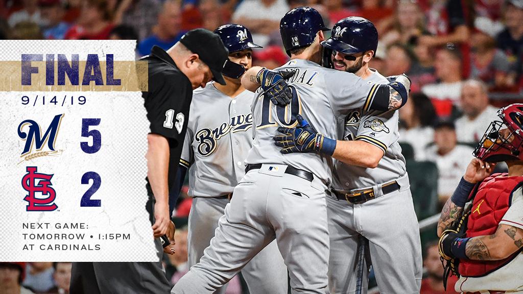 Brewers's tweet photo. Moose, Yaz, and J Lyles lead the way in a big win! One more in St. Louis tomorrow at 1:15pm CT. #ThisIsMyCrew https://t.co/nk01PwQgOY