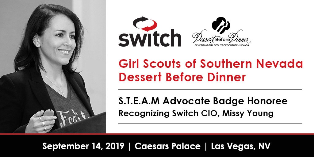 Switch's tweet photo. Congratulations to @Switch CIO, Missy Young @MissyByte for being recognized as a S.T.E.A.M Advocate Badge Honoree at the Girl Scouts of Southern Nevada Dessert Before Dinner Gala! #SwitchSTEAM #DessertBeforeDinner2019 #WomenInSTEAM @girlscoutsnv https://t.co/1P0TKciqBi