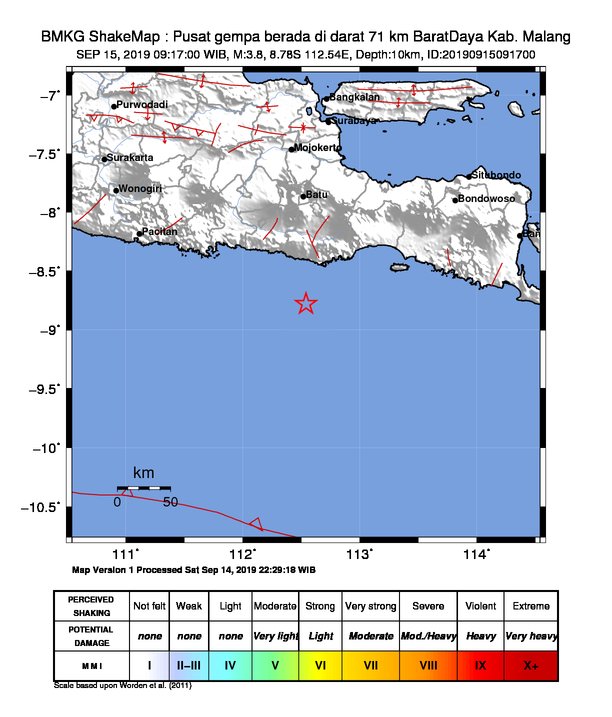 infoBMKG's tweet photo. #Gempa Mag:3.8, 15-Sep-19 09:17:00 WIB, Lok:8.78 LS, 112.54 BT (Pusat gempa berada di darat 71 km BaratDaya Kab. Malang), Kedlmn:10 Km Dirasakan (MMI) I-II Donomulyo #BMKG https://t.co/YcbLzQkBNM