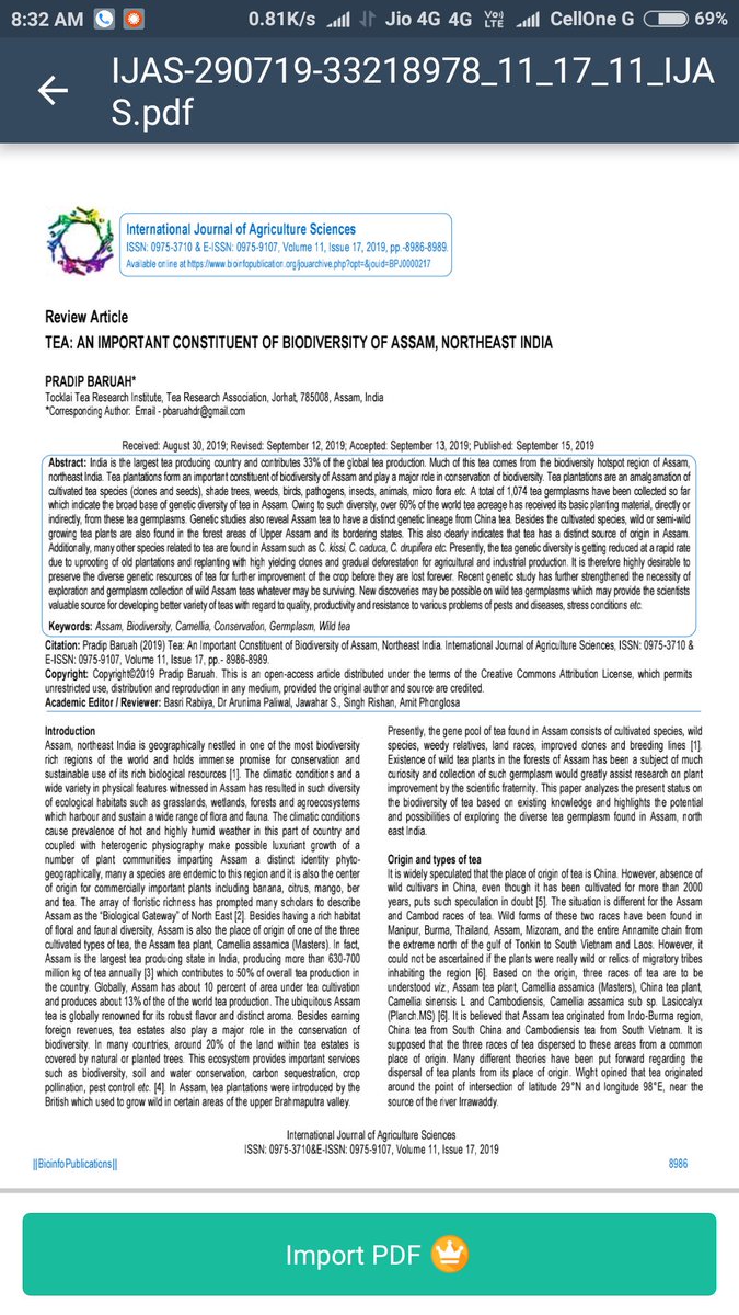 DRPRADIPBARUAH2's tweet photo. My paper TEA: AN IMPORTANT CONSTITUENT OF BIODIVERSITY OF ASSAM, NORTHEAST INDIA published in International Journal of Agriculture Sciences...It is a favourite study area for me. Hope my friends would like reading it. https://t.co/YsW6JElzoa