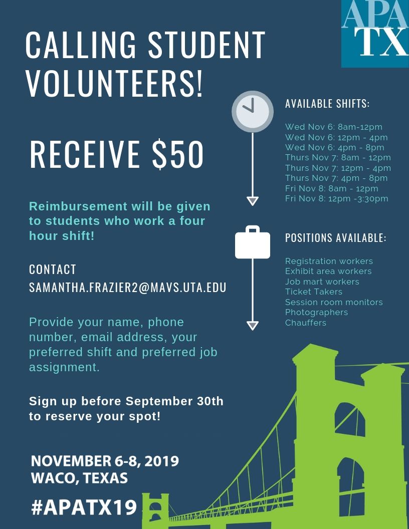 txplanning's tweet photo. Students, have you signed up to volunteer at #APATX19 yet? 
Sign up for a four-hour shift today by visiting the APATX19 student page! https://t.co/S8S2Q8D48M.

#Students #Volunteer #Planning #LegacyProject19 #StudentPlanners #Waco #Texas #Parklets https://t.co/9FutKVrOfR
