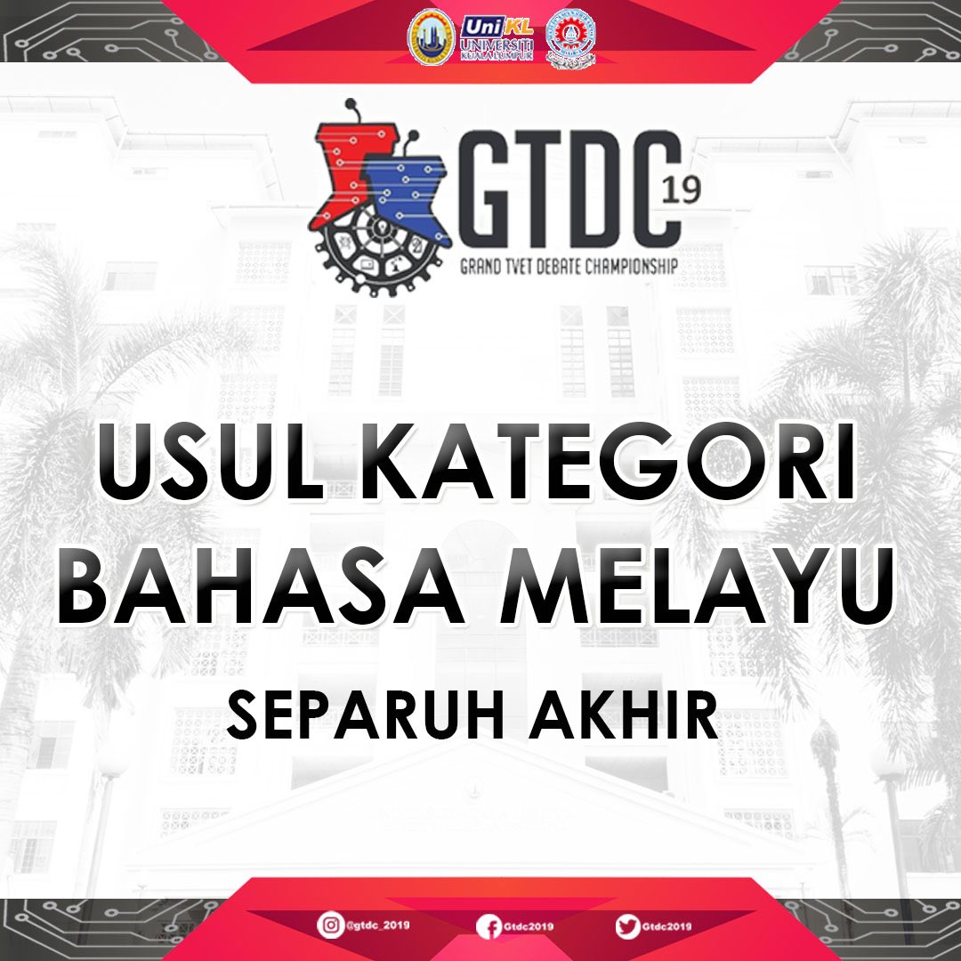 gtdc2019's tweet photo. 🎙⚙🎙GTDC2019⚙🎙⚙

MOTION SEMI FINAL
BRITISH PARLIAMENTARY MALAY CATEGORY

#GTDC19
#GTDC2019
#GRANDTVETDEBATECHAMPIONSHIP 
#DEBATE https://t.co/I0PrOjvTMo