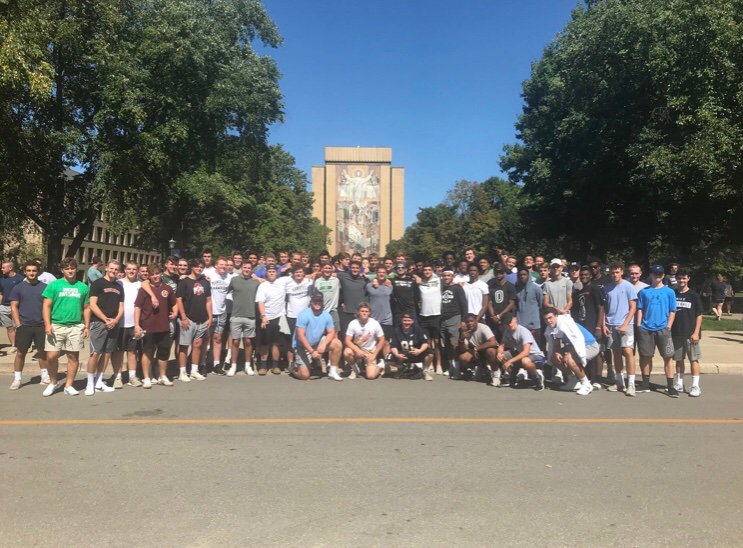 Seeing some of the traditions in person at Notre Dame was so cool!! #ndband #touchdowntraditions #touchdownjesus #humanpushups #leprachaun #hornetstakethemidwest ☘️🏈🥁🎺🎷☘️