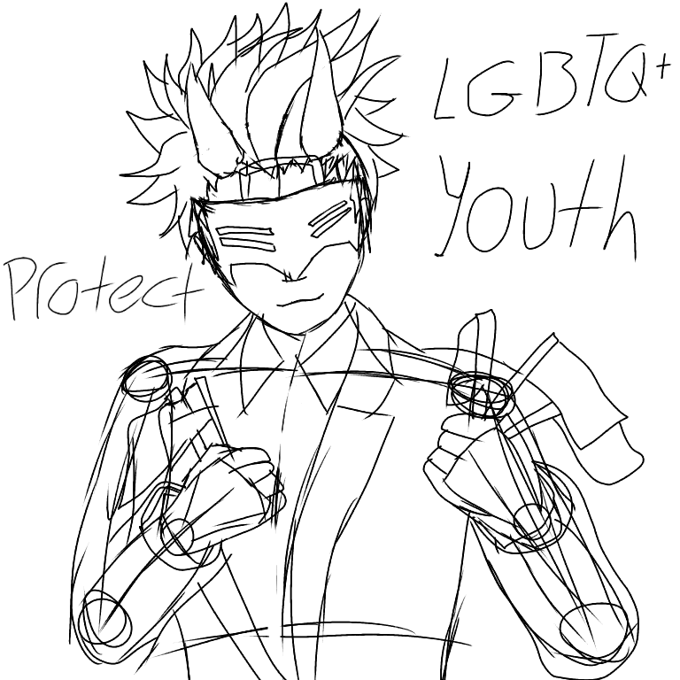 TransChrollo's tweet photo. Sketch of Dadam holding up Pride flags. https://t.co/sA9UAOP2JY
