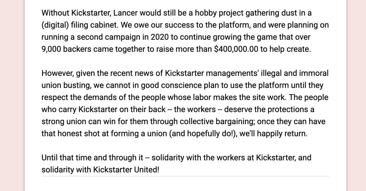 Solidarity with #KickstarterUnited! 

Without the workers whose labor makes <a href="/Kickstarter/">Kickstarter</a> work, we wouldn't be where we are today. 

Our full statement on the matter is below; other creators, follow the quote tweet to add your names and comment(s) in support of the union.