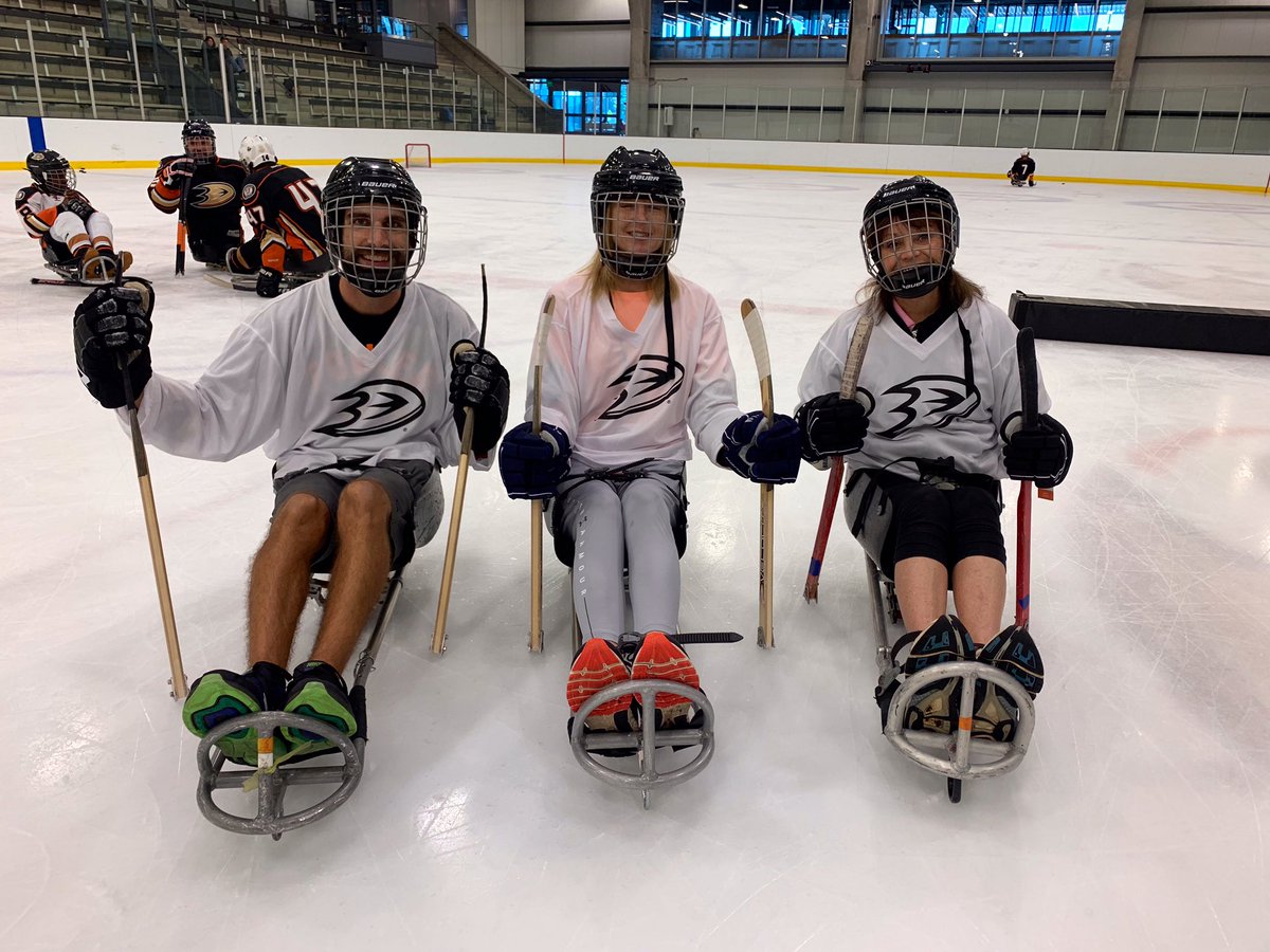 Shaffer_Mike's tweet photo. The @Ducks_SCORE breakfast did not disappoint today. Such clear examples that #HockeyIsForEveryone sled hockey, blind hockey, APE strategies, and advanced tactics. I can’t wait to get my students playing! https://t.co/lhaJUsVDuh