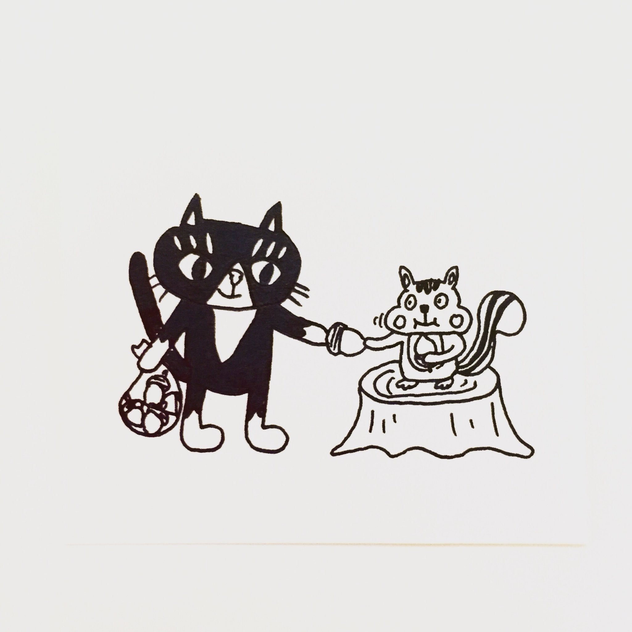 肌子 Twitterren 今日のイラストはコレ ｪ リスにどんぐりをあげる猫 イラスト 猫 ネコ ねこ オリジナル ペン画 アナログ画 ハチワレ猫