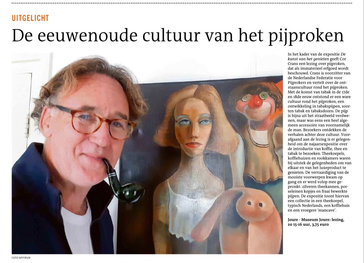 Zondagmiddag 15 sept om 15 uur: #lezing Cor Crans vertelt over de geschiedenis van de pijp en de cultuur van het pijproken. #Expo De kunst van het genieten #museum #joure. Vandaag 50% korting entree #OMD2019
