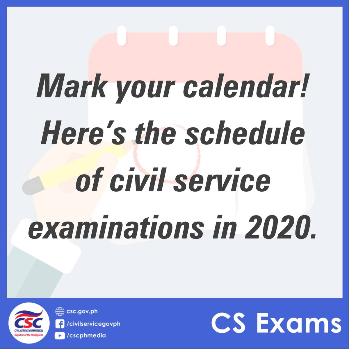 PIADesk's tweet photo. #CSC releases exam calendar for 2020
More details: https://t.co/DdRiApikzu
#LingKodBayan | #CivilServiceMonth https://t.co/bfRvs8ArqG