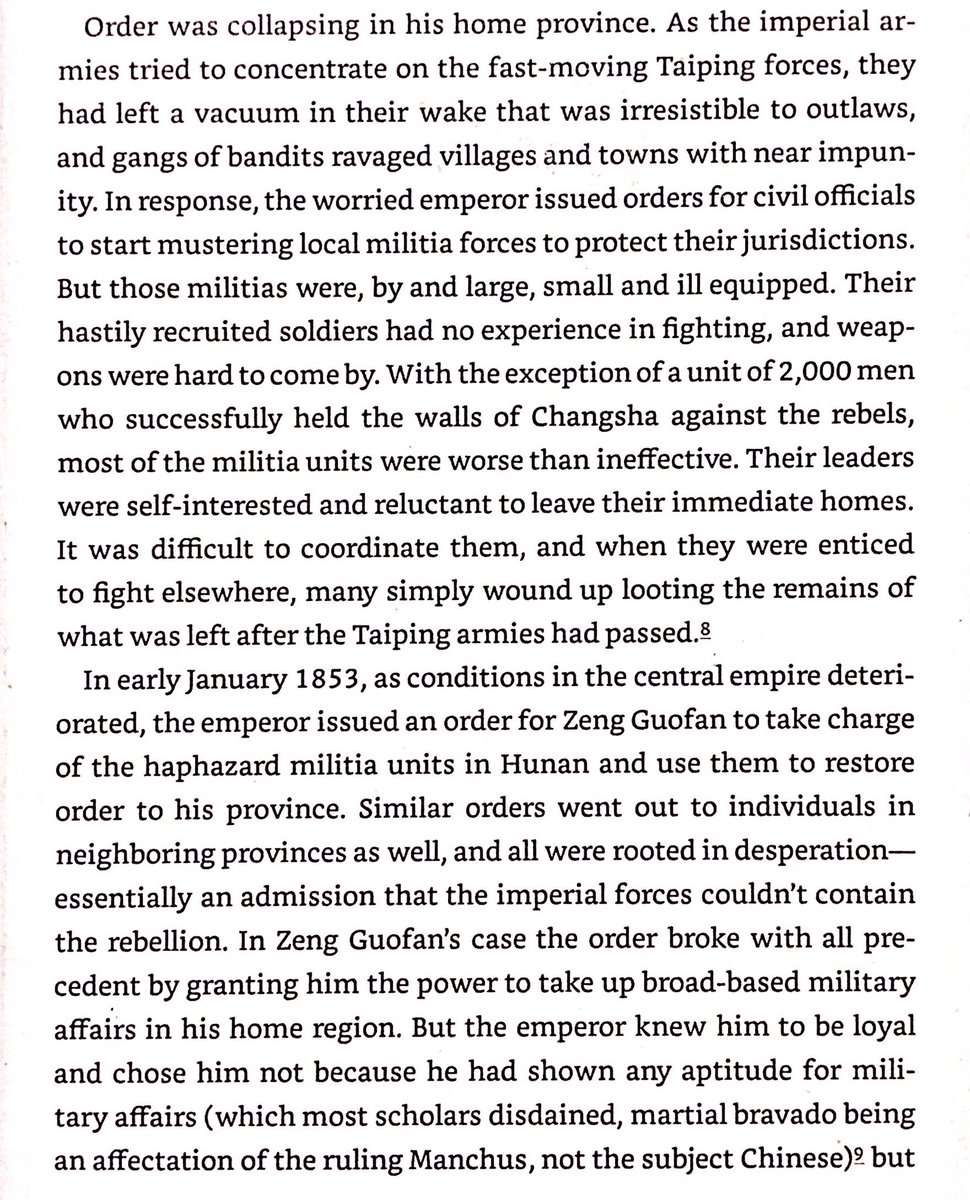 The Qing desperately needed new armies, and granted loyal bureaucrats the authority to raise armies in their provinces. One, Zeng Guofan of Hunan, created an army with good pay, harsh discipline, and locally organized recruitment - all to prevent desertion & maintain discipline.