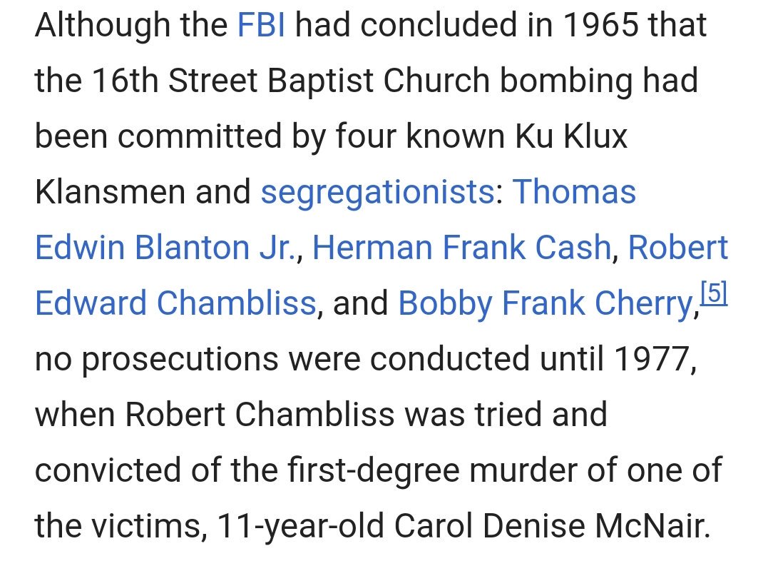 HarryO1975's tweet photo. September 15, 1963 The 16th Street Baptist Church Bombing committed by #ThomasEdwinBlantonJr and other #KKK members killing #AddieMayCollins #CynthiaWesley #CaroleRobertson #CarolDeniseMcNair 

#AmeriKKKa 
#ThisIsAmeriKKKa 

https://t.co/BREzGwP4QG https://t.co/4Qg5sUEct2