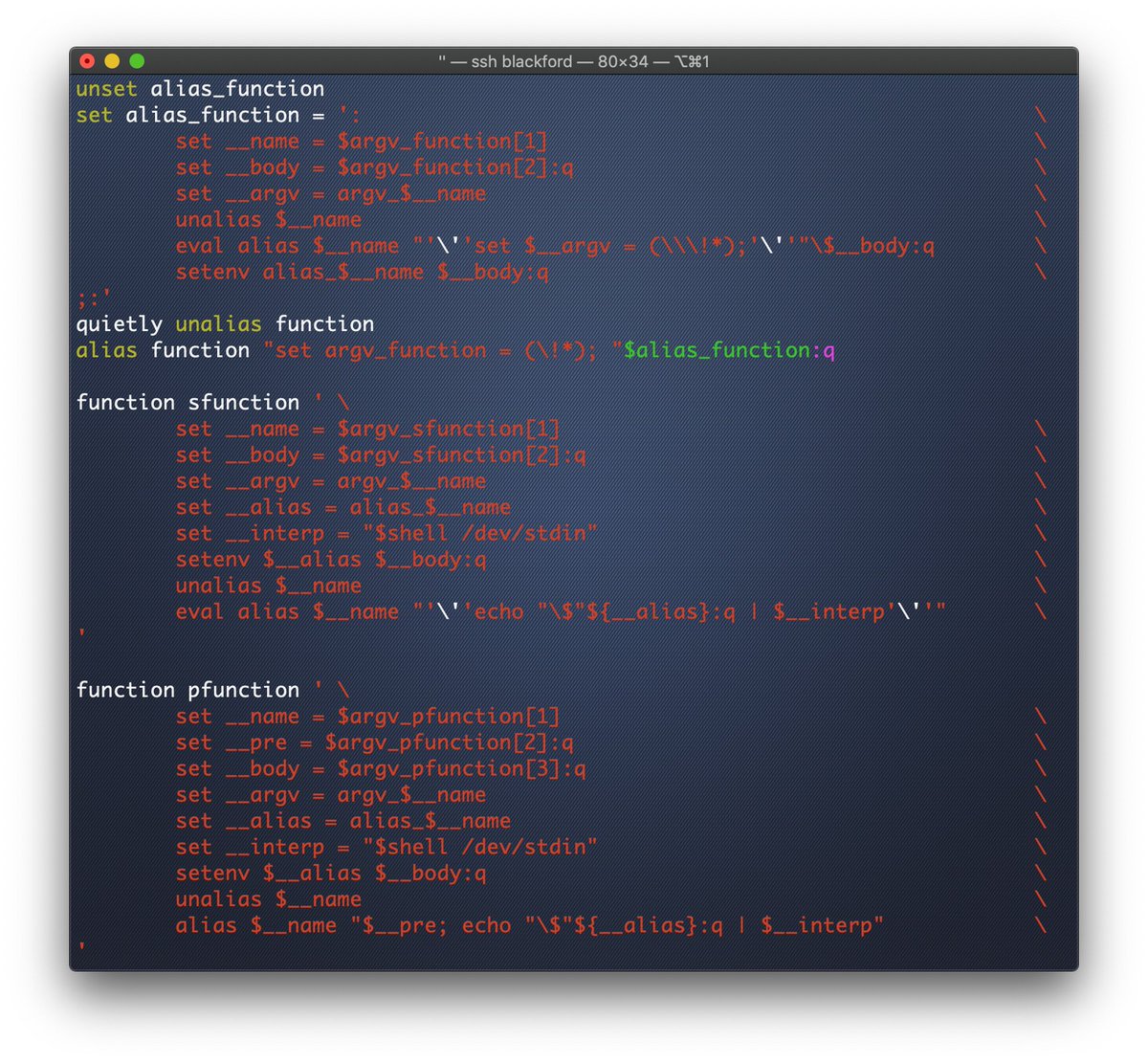 freebsdfrau's tweet photo. Does #csh or #tcsh support functions? It does now; if you're willing to put in the effort ... yes, I made aliases named "function" that automate the bootstrapping of function-like aliases using a declarative syntax similar to bash, with some enhancements https://t.co/Yol55wDdxi https://t.co/03IkKKLXGq