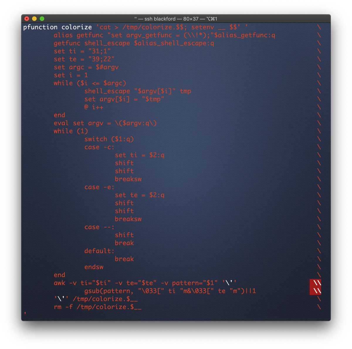 freebsdfrau's tweet photo. Does #csh or #tcsh support functions? It does now; if you're willing to put in the effort ... yes, I made aliases named "function" that automate the bootstrapping of function-like aliases using a declarative syntax similar to bash, with some enhancements https://t.co/Yol55wDdxi https://t.co/03IkKKLXGq
