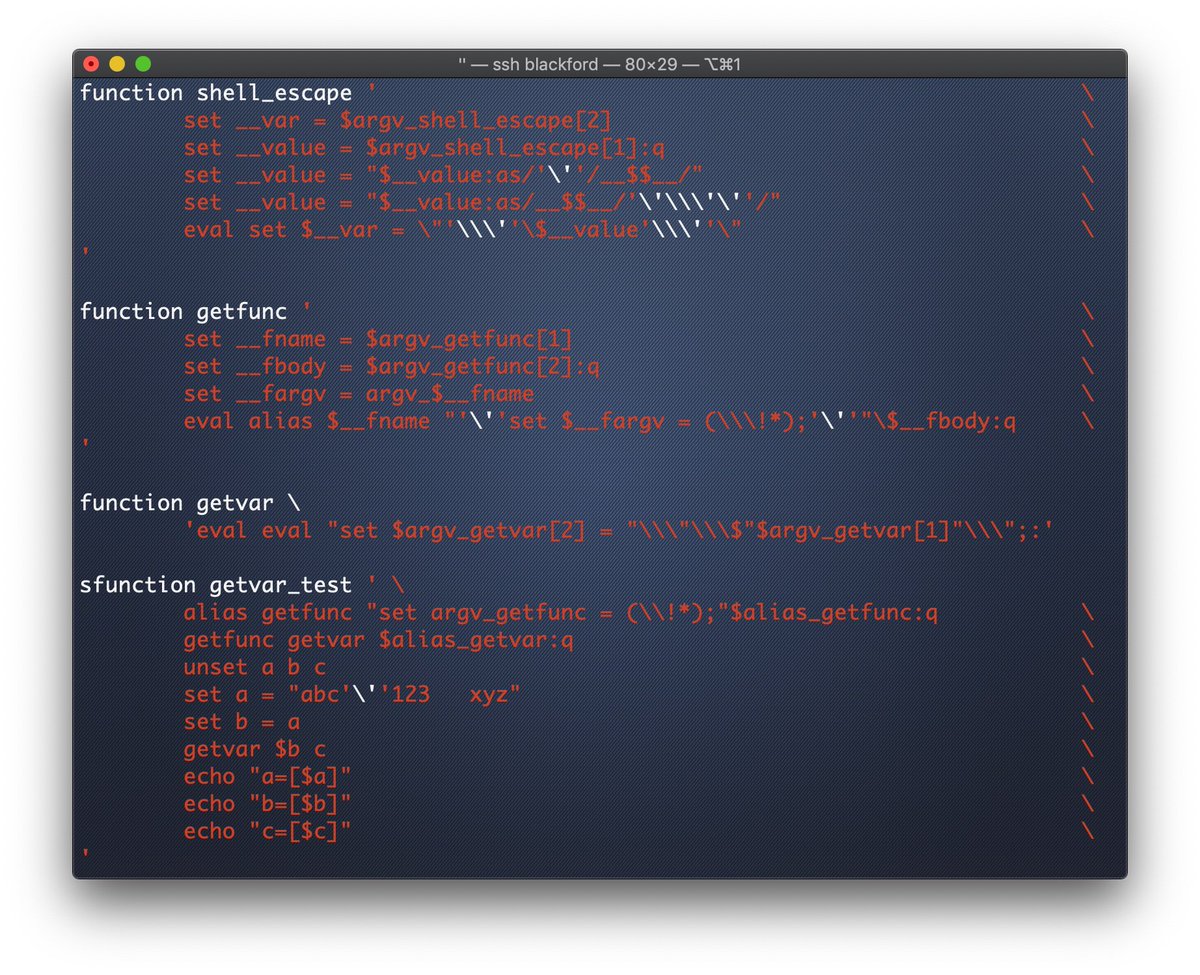 freebsdfrau's tweet photo. Does #csh or #tcsh support functions? It does now; if you're willing to put in the effort ... yes, I made aliases named "function" that automate the bootstrapping of function-like aliases using a declarative syntax similar to bash, with some enhancements https://t.co/Yol55wDdxi https://t.co/03IkKKLXGq