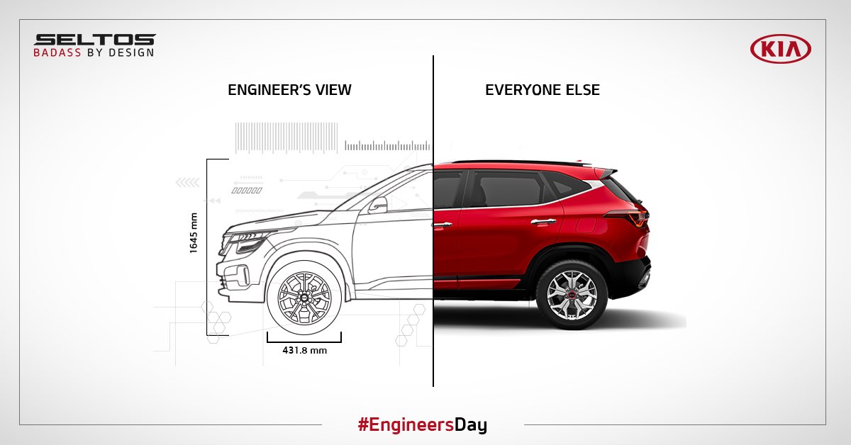 KiaInd's tweet photo. Two perspectives, one conclusion β #KiaSeltos is #BadassbyDesign #Magicalinspiration #StunningDesigns #HappyEngineersDay #DesignedForTheEngineerInYou https://t.co/eUacAGoTVu