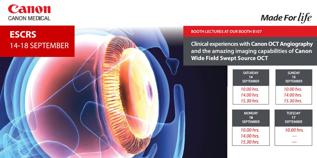 CanonMedicalEU's tweet photo. Meet us at #ESCRS2019
Meet the Canon Wide Field Swept Source OCT!
Join one of the on-booth lecturess: https://t.co/zcumIocghP
#escrs2019 #sweptsource #sweptsourceoct #oct #eyecare #ophthalmology #optometry #artificialintelligence #madepossible #madeforlife https://t.co/amJ47IrMsQ