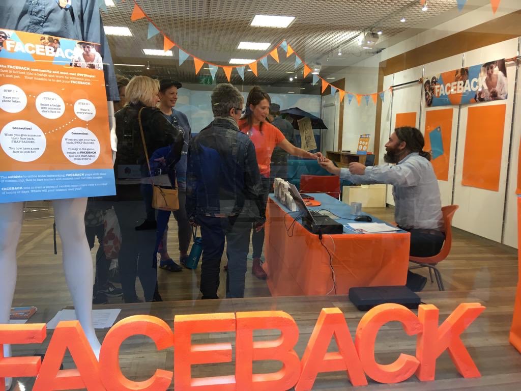 smallactslive's tweet photo. Faceback continues today across @LLAWNdudno with 100’s of lovely faces making connections and getting involved. Join today 11am - 5pm Victoria Shopping centre. Make someone’s day  - give them their face back! #llawn https://t.co/TS0be7wBIv