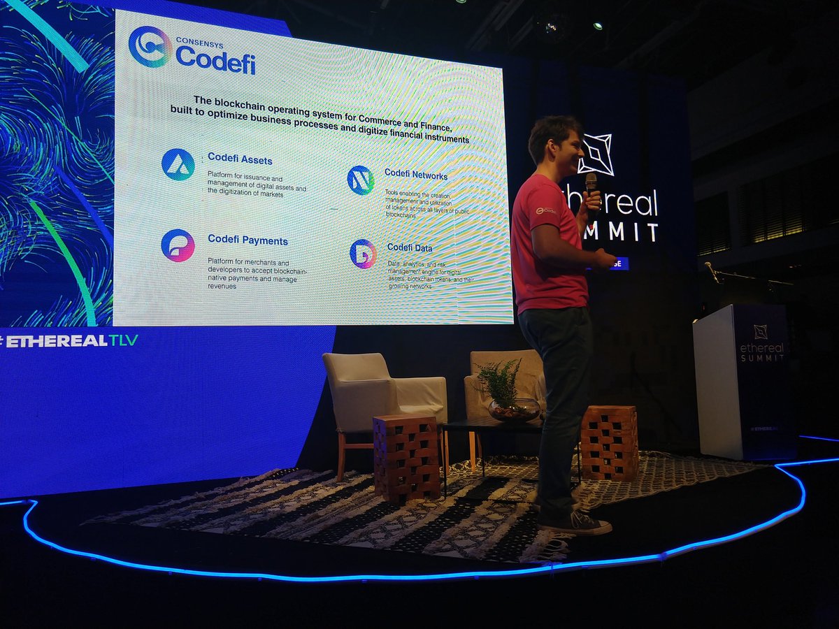 #DeFi overview by @LexSokolin who just announced:

@ConsenSys CodeFi: 'The blockchain operating system for commerce & finance'

Assets- equities, bonds..
Payments- cash flow/how money moves..
Networks- utility tokens, protocols..
Data - analytics/transparency
#etherealtlv @tlvbw