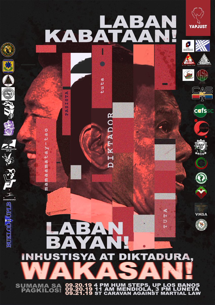 Nagkakaisa ang boses ng YAPJUST, DSS, DHum, ASCA, UPLB Academic and Workers Unions, NDMOs, YJ Member Orgs, at iba pang organisasyon at political parties upang alalahanin ang lagim na dulot ng Martial Law! Makiisa sa patuloy na paglakas ng ating tinig. bit.ly/2kMSFrV