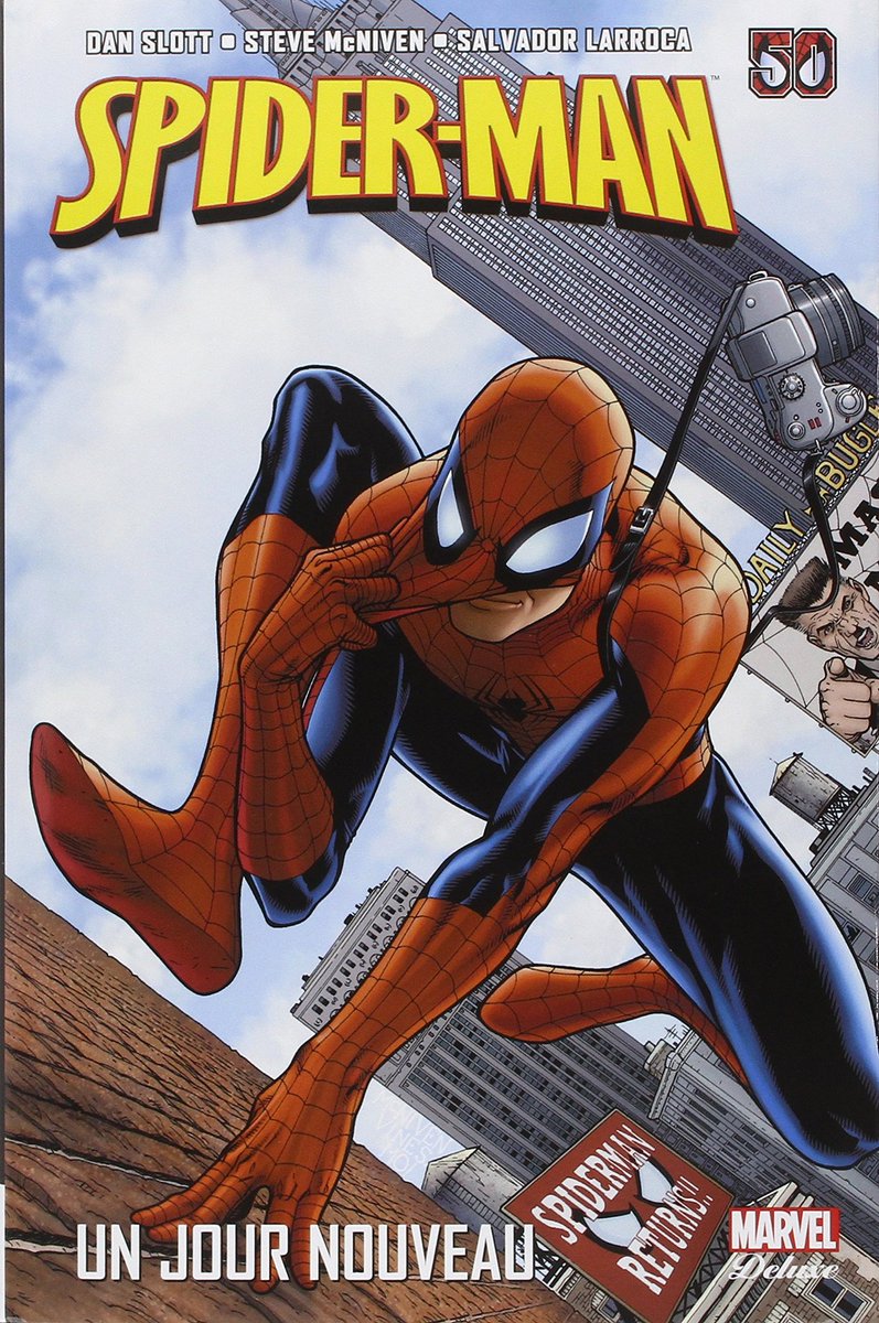 "Spider-Man - Un jour nouveau"Un tas de nouveaux personnages rejoint Spidey !Notre héros est désormais célibataire, il habite chez sa tante May et n'a plus de travail. Il est prêt à prendre un nouveau départ, accompagné de sa chance légendaire !(1 tome.Marvel Deluxe)