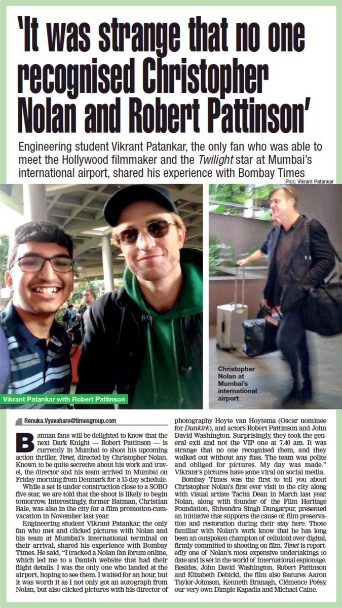vikpat's tweet photo. #TENET: It was strange that no one recognised #ChristopherNolan and #RobertPattinson at the #Mumbai airport | The Times of India https://t.co/TsrgFgCA0N https://t.co/VqgaKz8l6q