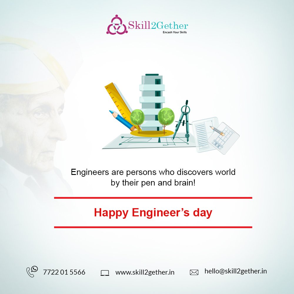 Skill2Gether's tweet photo. We salute your great ideas and innovations that has truly changed our lives.
Happy Engineer's Day to all Engineers across the Globe.
#EngineersDay #homebusiness #skillindia #skills #hobby #skill2gether #trustedmarketplace #skillpreneurs #success #celebrate https://t.co/pgpoYb4gYS