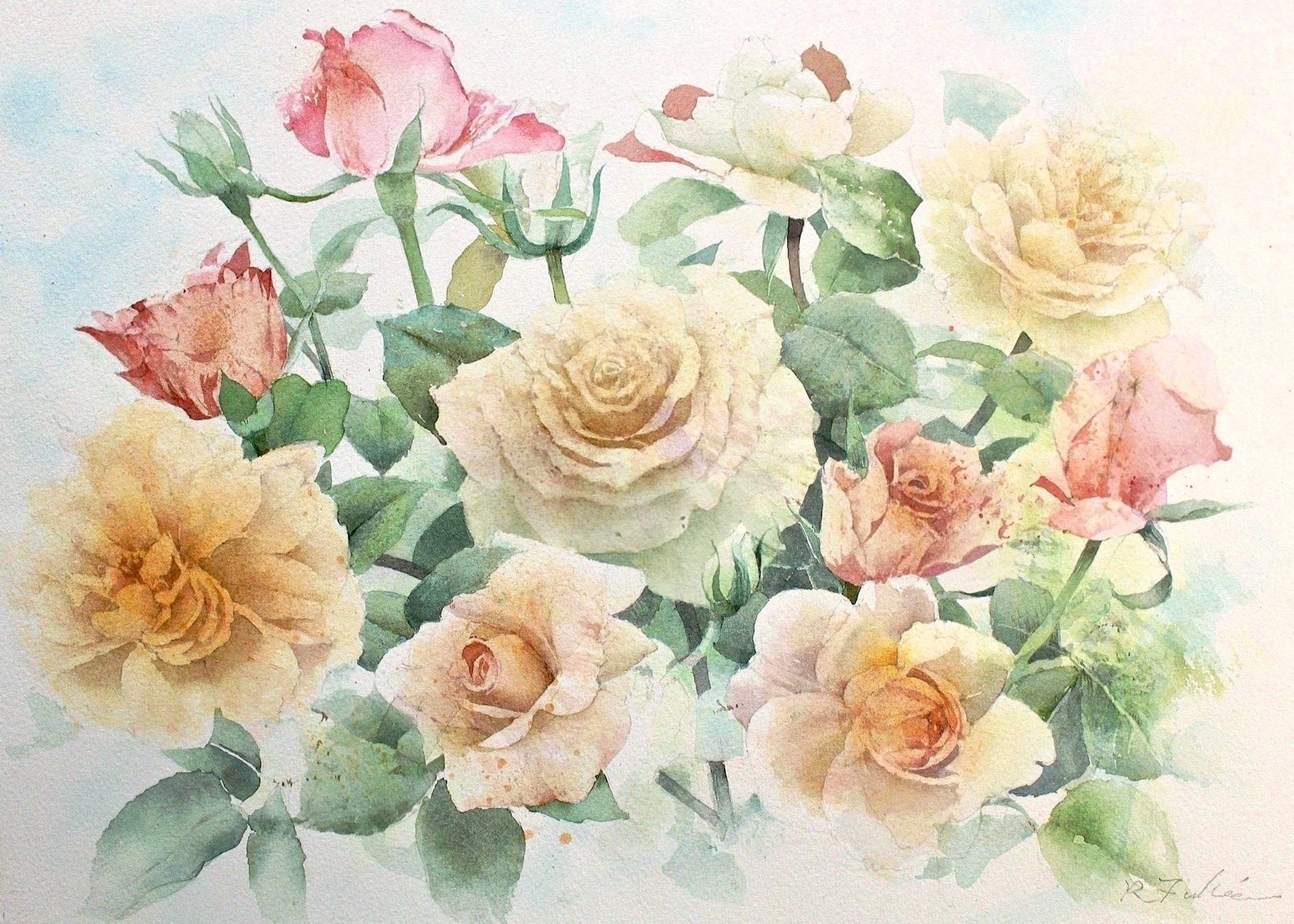 水彩画 秋薔薇の庭園風景 月明かりの水草様専用 おっきかっ 売買